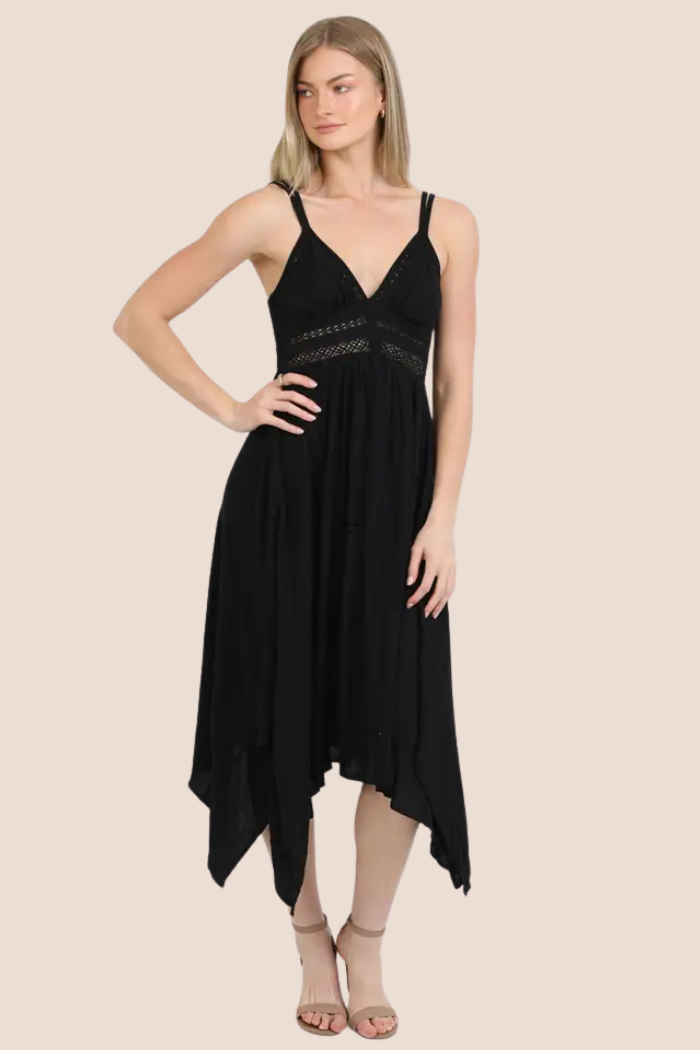 Romantic Boho Hanky Hem Midi Dress in Black
