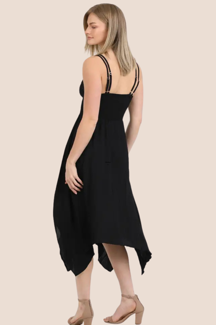 Romantic Boho Hanky Hem Midi Dress in Black
