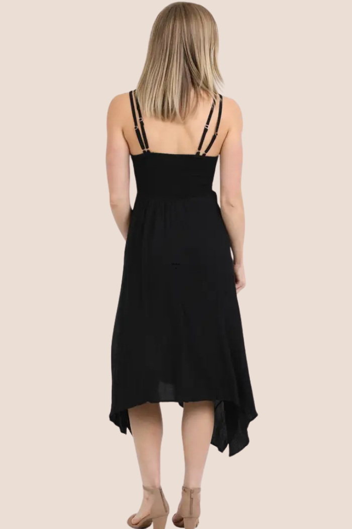 Romantic Boho Hanky Hem Midi Dress in Black