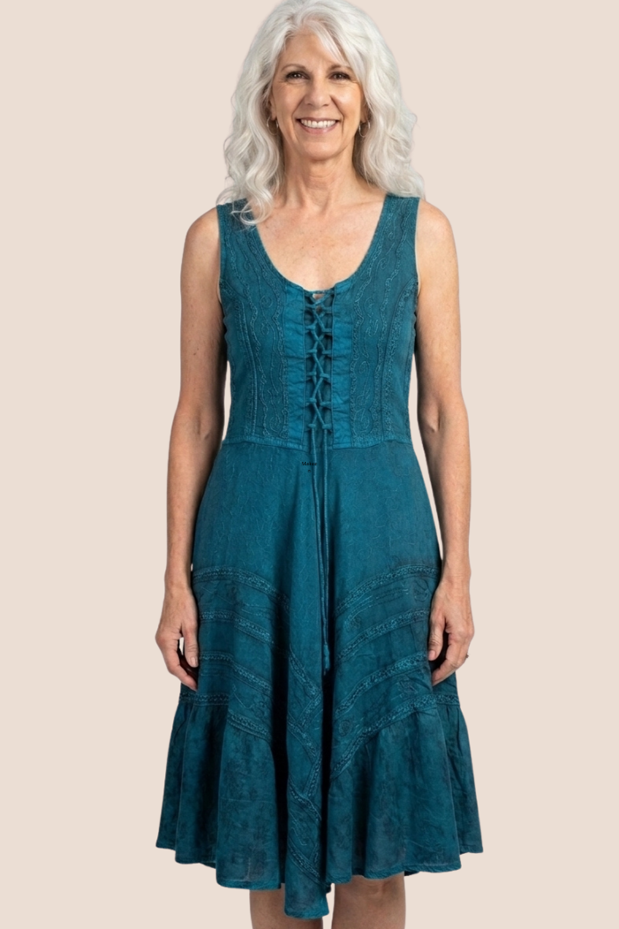 Corset Style Bodice Fit & Flare Midi Dress in Teal