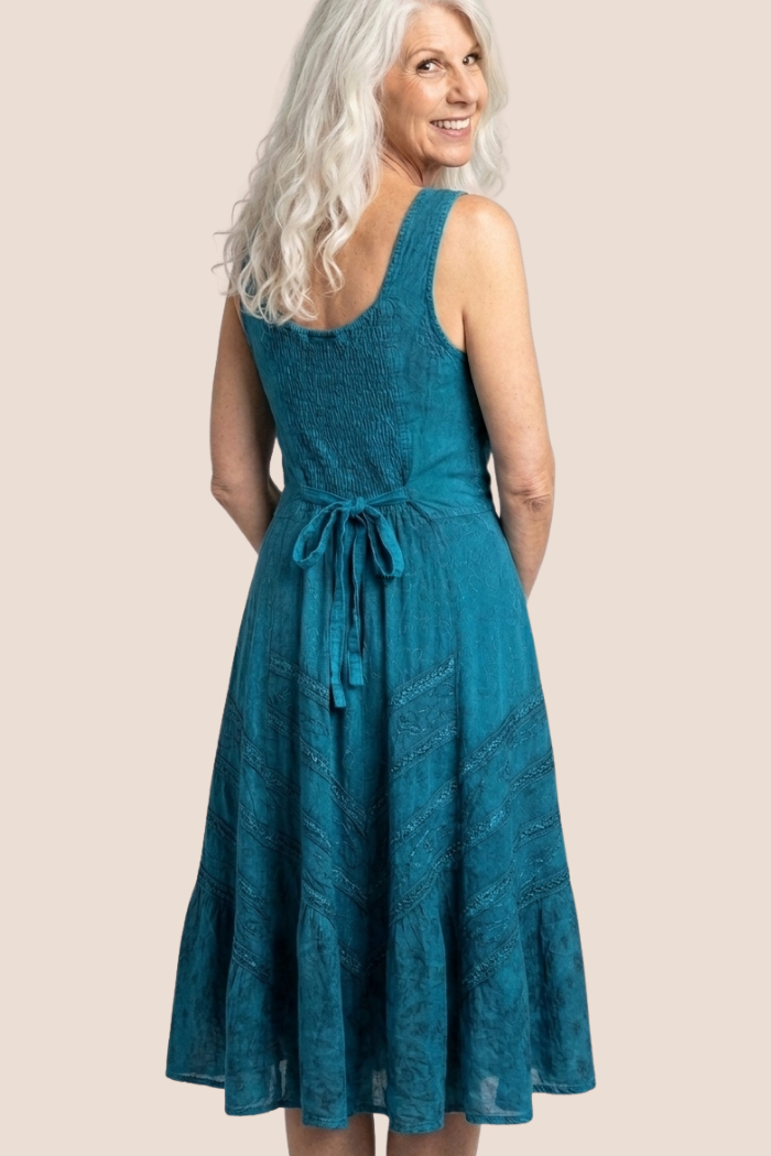 Corset Style Bodice Fit & Flare Midi Dress in Teal