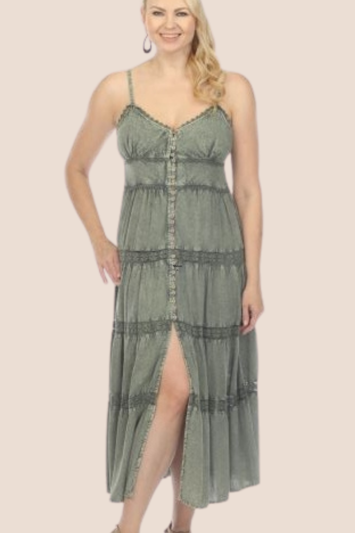 Button Front Maxi Dress in Green