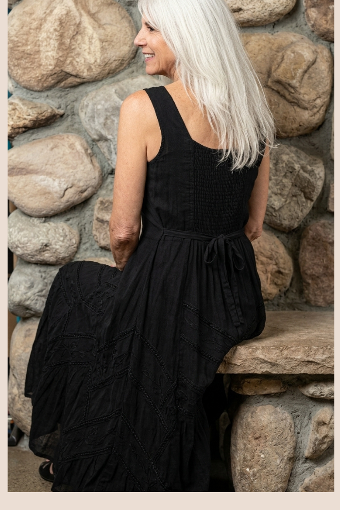 Corset Style Bodice Fit & Flare Midi Dress in Black
