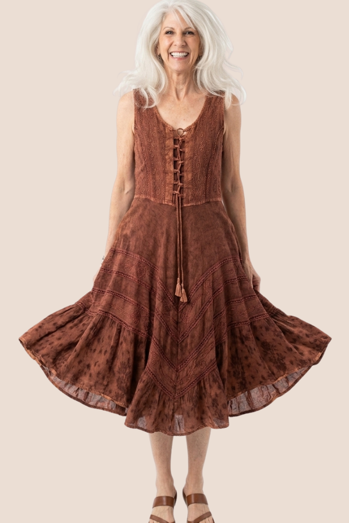 Corset Style Bodice Fit & Flare Midi Dress in Cognac