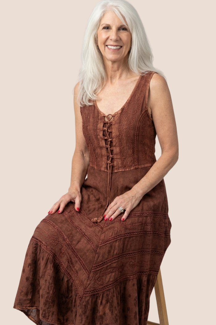 Corset Style Bodice Fit & Flare Midi Dress in Cognac