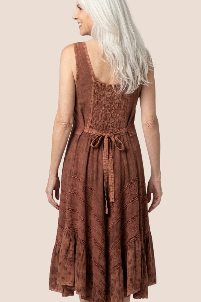 Corset Style Bodice Fit & Flare Midi Dress in Cognac
