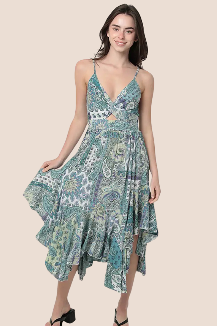 Twist Front Triangle Cut-Out Assymetrical Hem Midi Dress