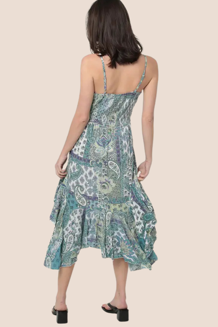 Twist Front Triangle Cut-Out Assymetrical Hem Midi Dress