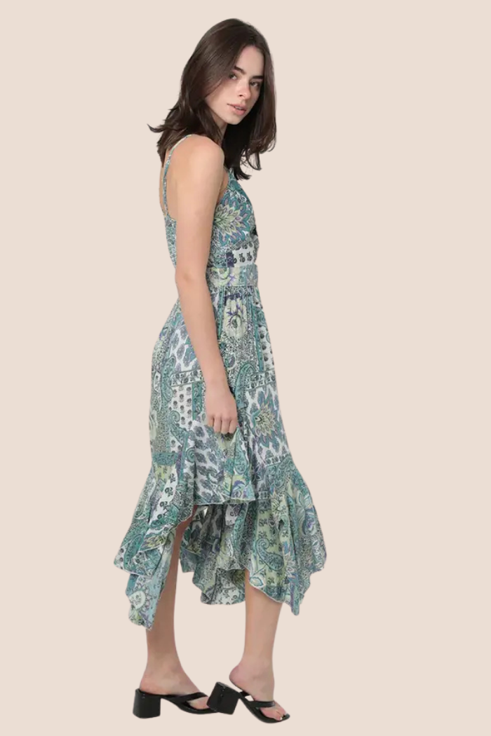 Twist Front Triangle Cut-Out Assymetrical Hem Midi Dress