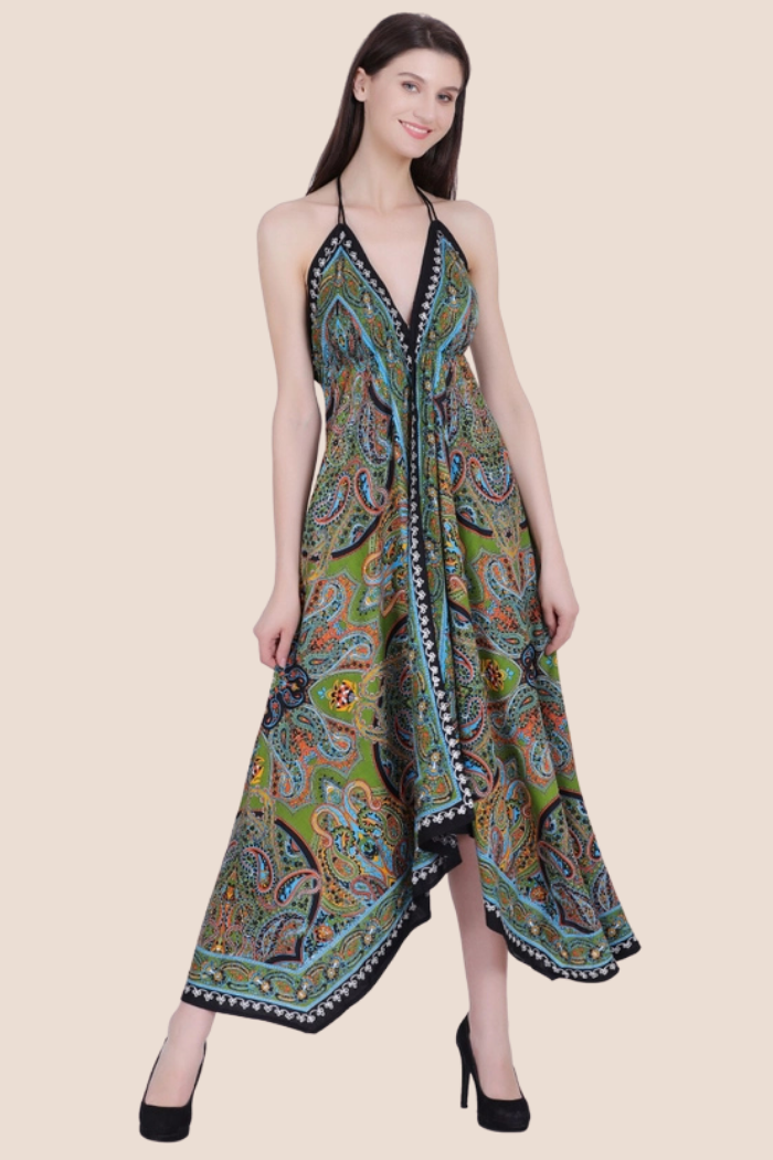 Scarf Halter Dress in Green Paisley