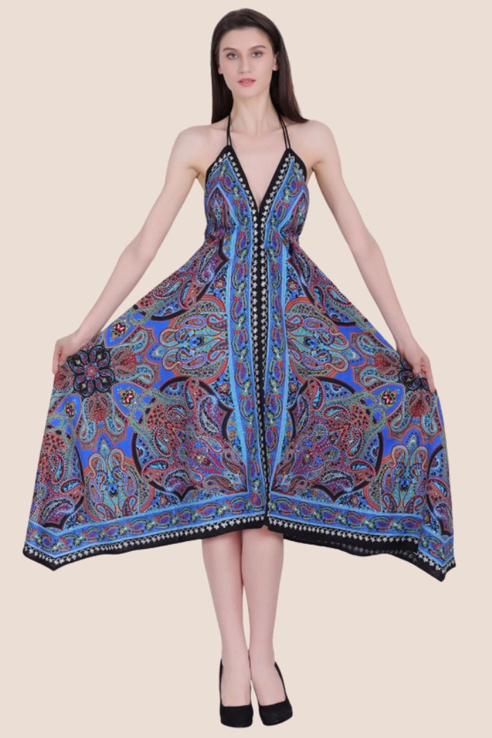 Scarf Halter Dress in Blue Paisley