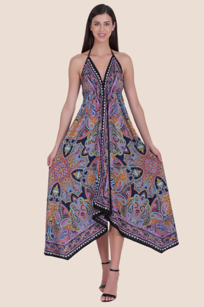 Scarf Halter Dress in Purple Paisley