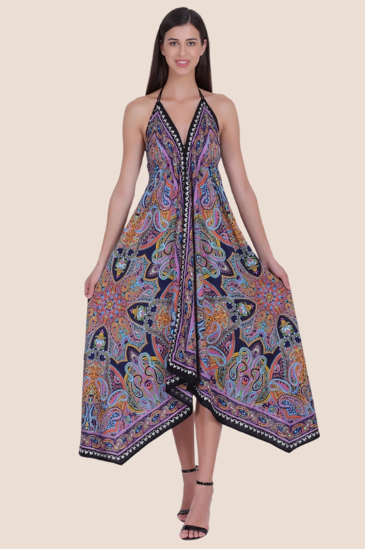 Scarf Halter Dress in Purple Paisley