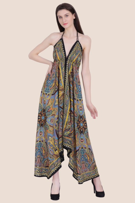 Scarf Halter Dress in Mustard Paisley