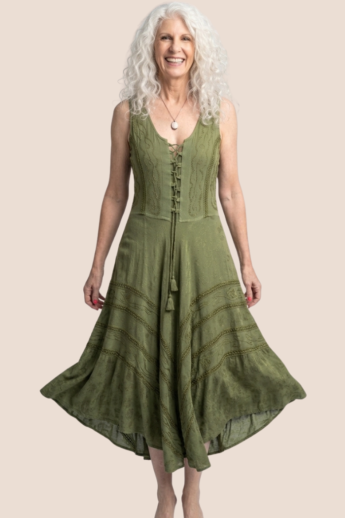Corset Style Bodice Fit and Flare Midi Dress in Olive