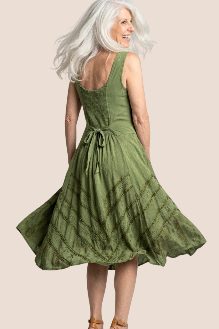 Corset Style Bodice Fit and Flare Midi Dress in Olive