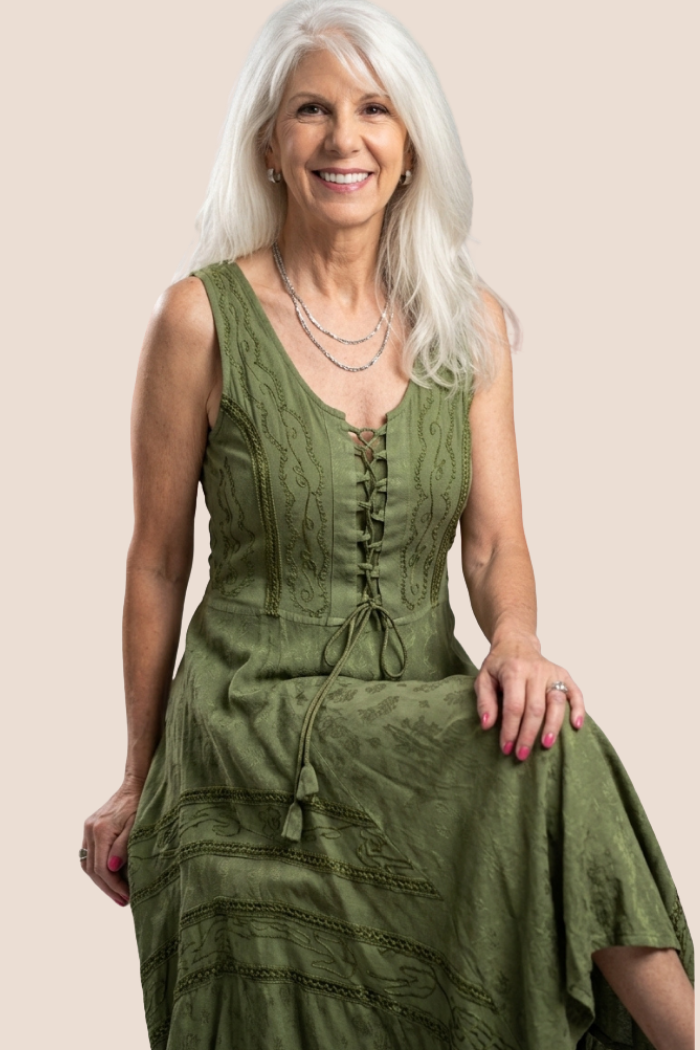 Corset Style Bodice Fit and Flare Midi Dress in Olive