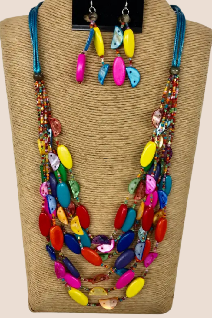 Multi Color Wood & Shell Multi Strand Necklace