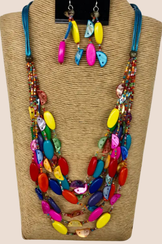 Multi Color Wood & Shell Multi Strand Necklace