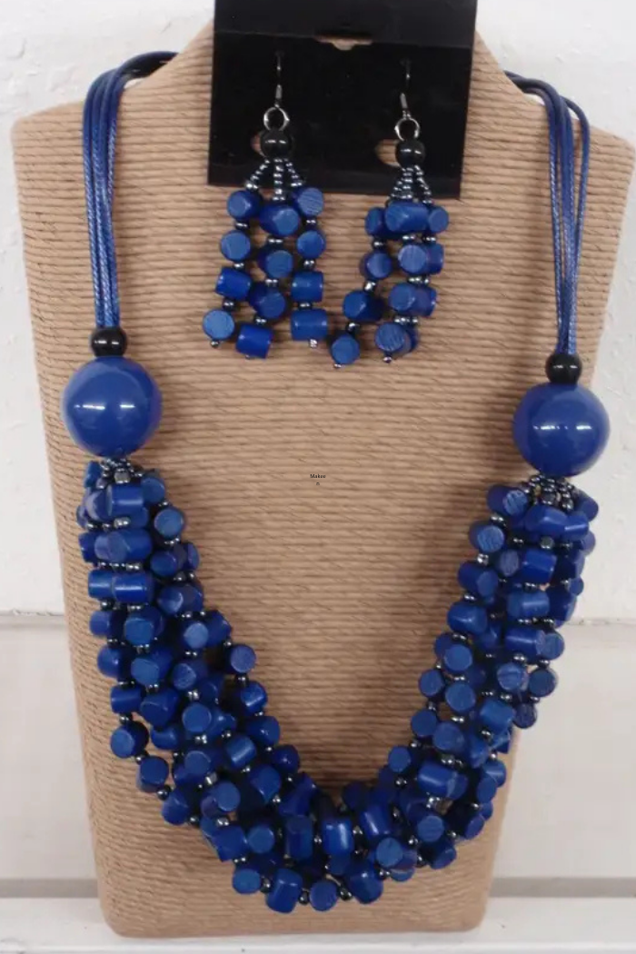 Blue Multi Strand Wood Bib Style Necklace Set