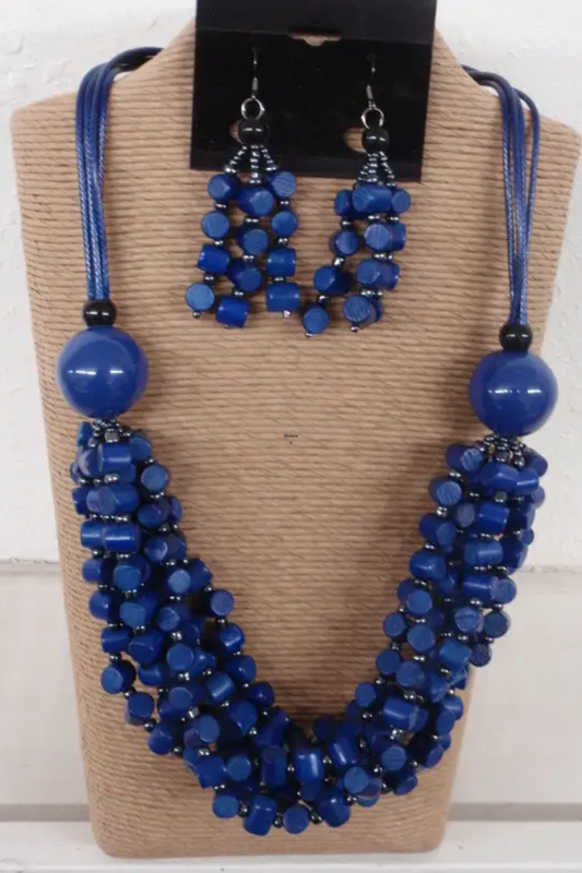 Blue Multi Strand Wood Bib Style Necklace Set
