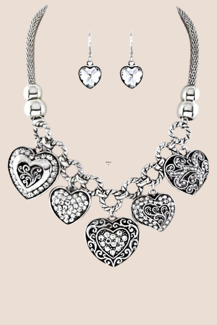 Heart Charms Silver Metal Necklace Set