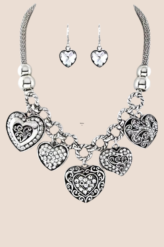 Heart Charms Silver Metal Necklace Set