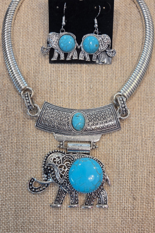 Elephant Collar Necklace Set - Turquoise Stones