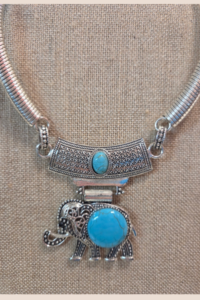 Elephant Collar Necklace Set - Turquoise Stones