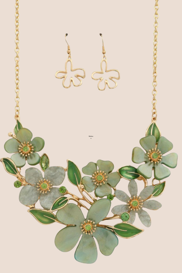 Green Enamel-Metal Floral Necklace Set