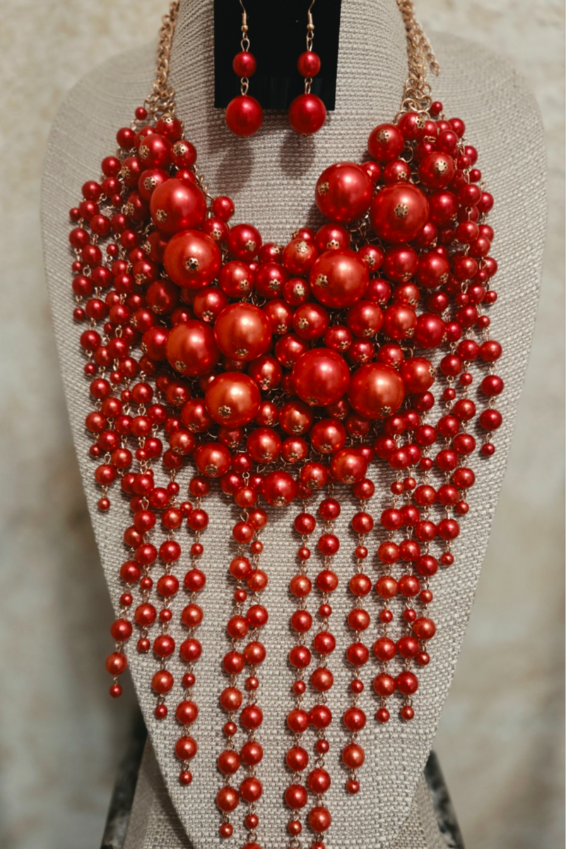 Head Turner Red Pearls Layered Necklace Set
