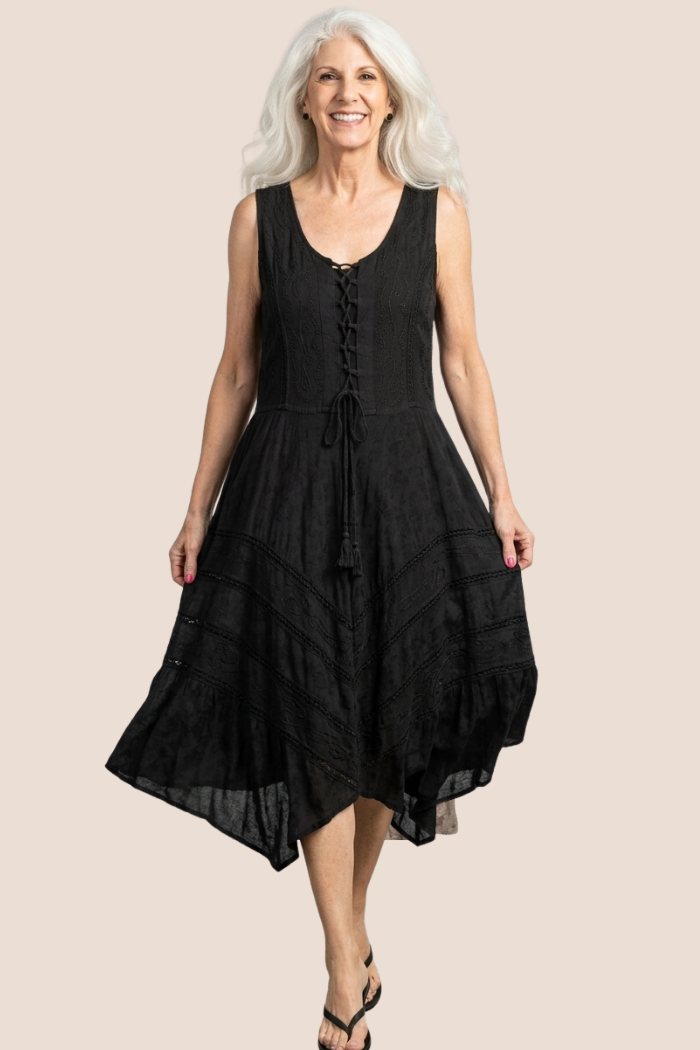 Corset Style Bodice Fit & Flare Midi Dress in Black