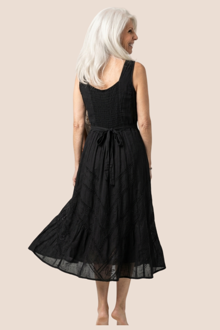 Corset Style Bodice Fit & Flare Midi Dress in Black