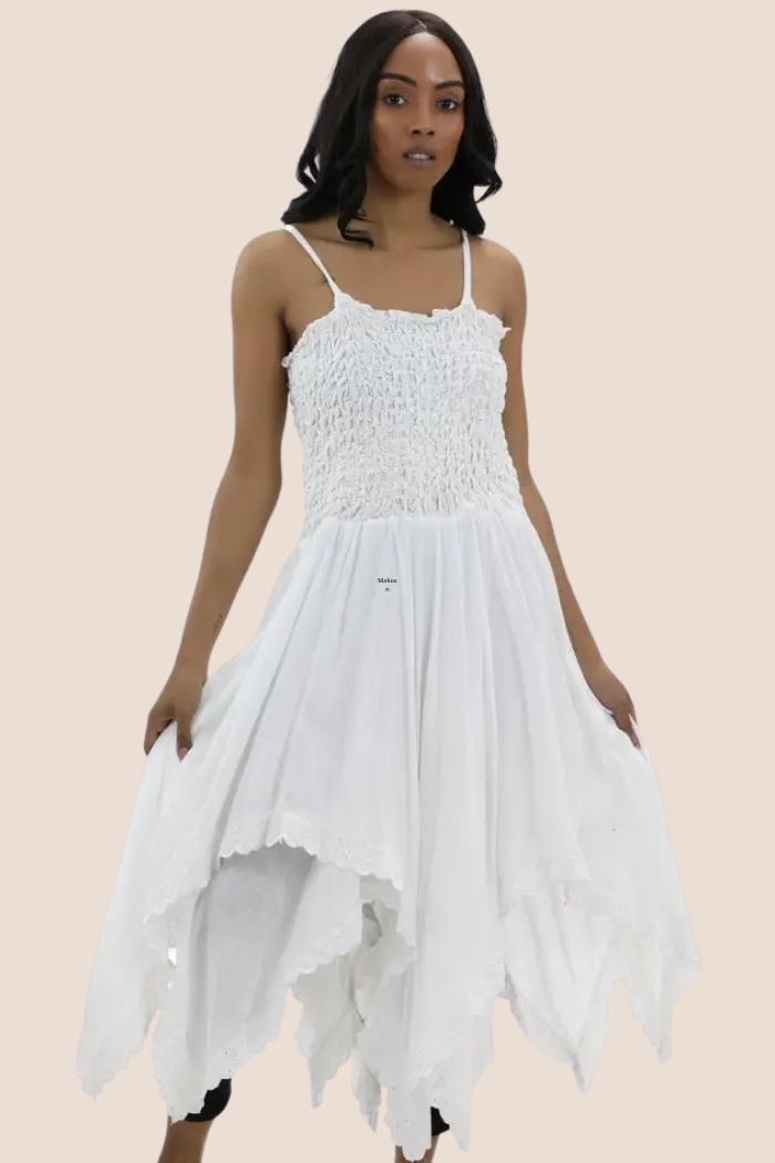 Shirred Bodice Handkerchief Dress in White