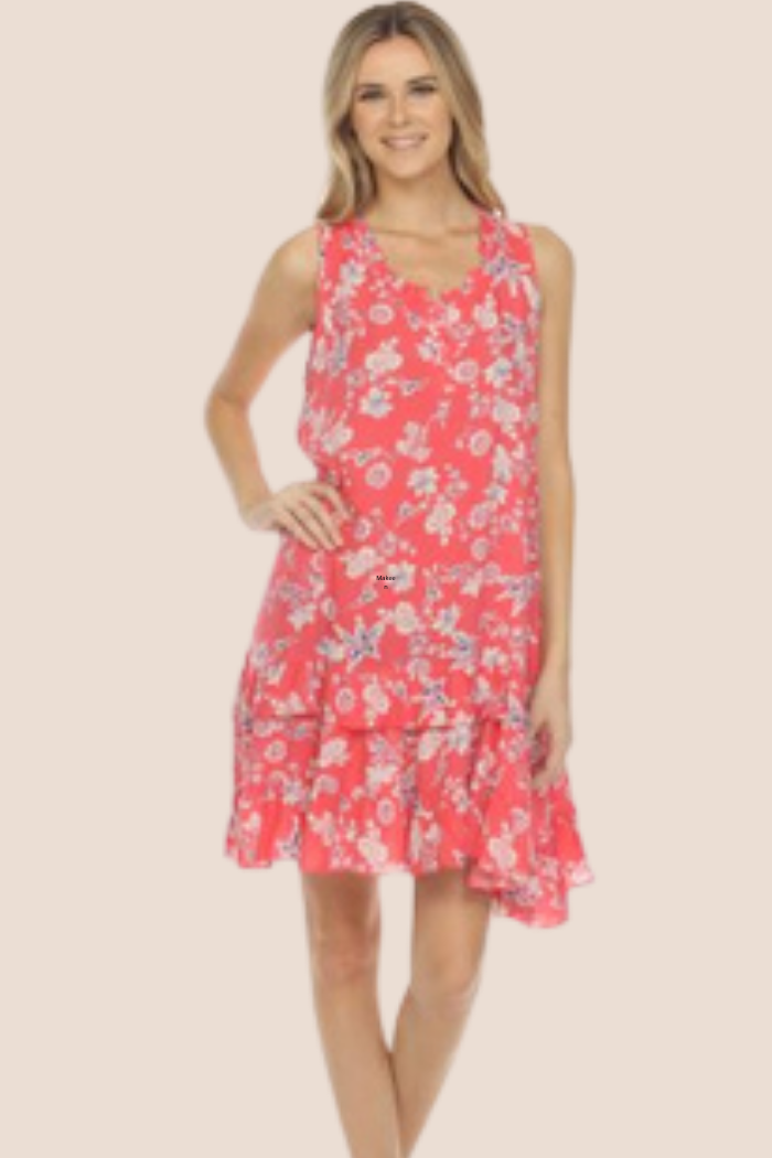 Ruffle Trimmed Sleeveless Dress - Coral Lily Print