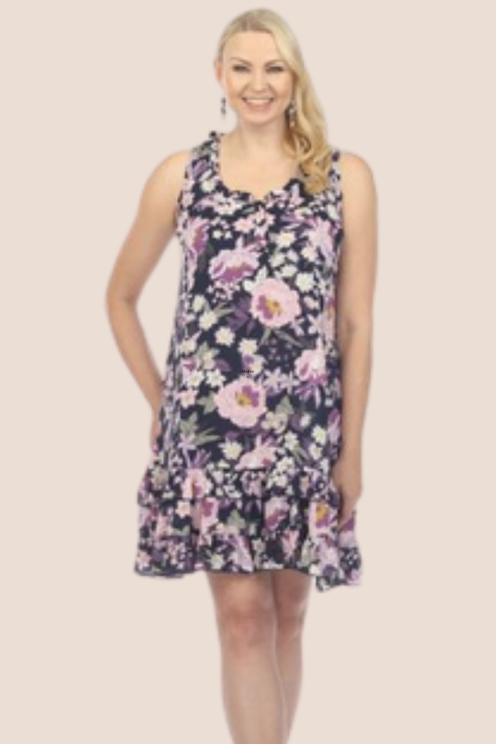 Ruffle Trimmed Sleeveless Dress - Purple Floral on Navy