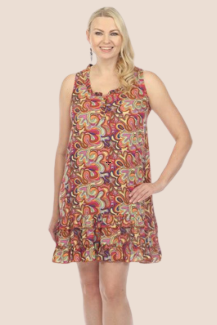 Ruffle Trimmed Sleeveless Dress - Rust Print