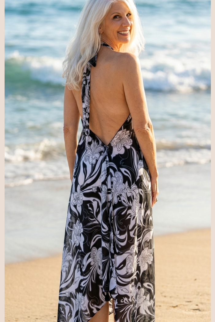 Sheer Halter Style CoverUp-Dress in Black & White Floral
