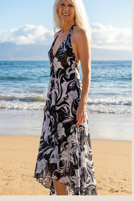 Sheer Halter Style CoverUp-Dress in Black & White Floral