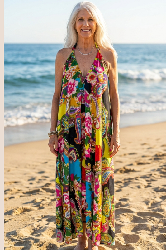 Sheer Halter Style CoverUp-Dress in a Yellow-Multi Paisley Print