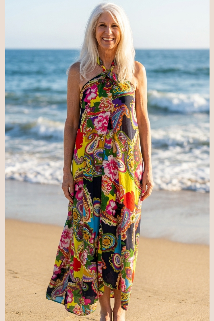 Sheer Halter Style CoverUp-Dress in a Yellow-Multi Paisley Print