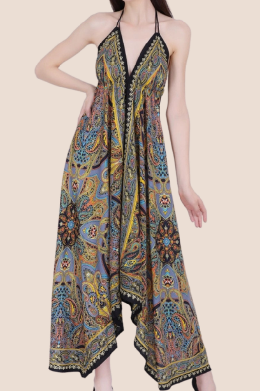 Scarf Halter Dress in Mustard Paisley