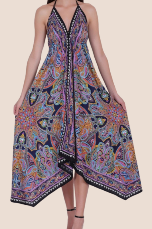 Scarf Halter Dress in Purple Paisley