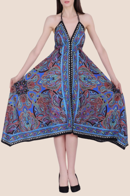 Scarf Halter Dress in Blue Paisley
