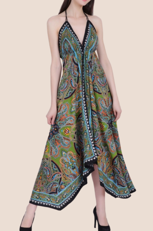 Scarf Halter Dress in Green Paisley