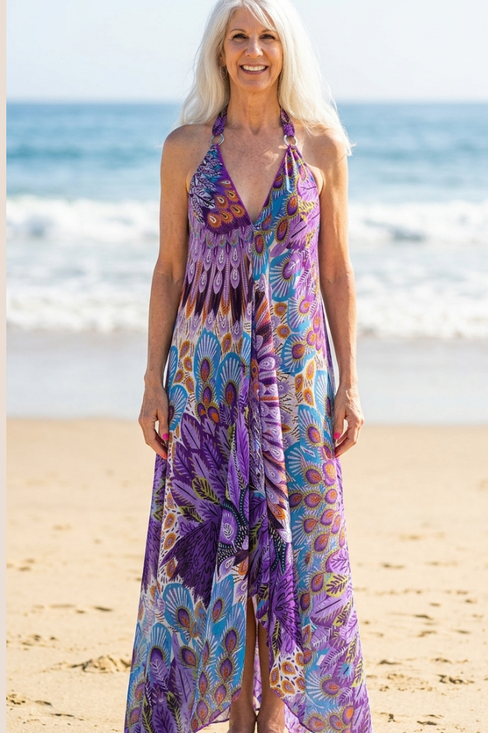 Sheer Halter Style CoverUp-Dress in a Purple Peacock Print