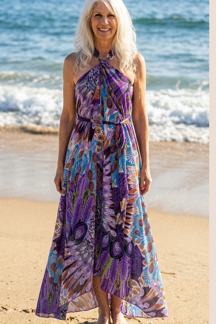 Sheer Halter Style CoverUp-Dress in a Purple Peacock Print