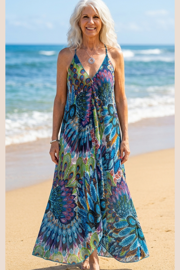 Sheer Halter Coverup/Dress in Blue Peacock