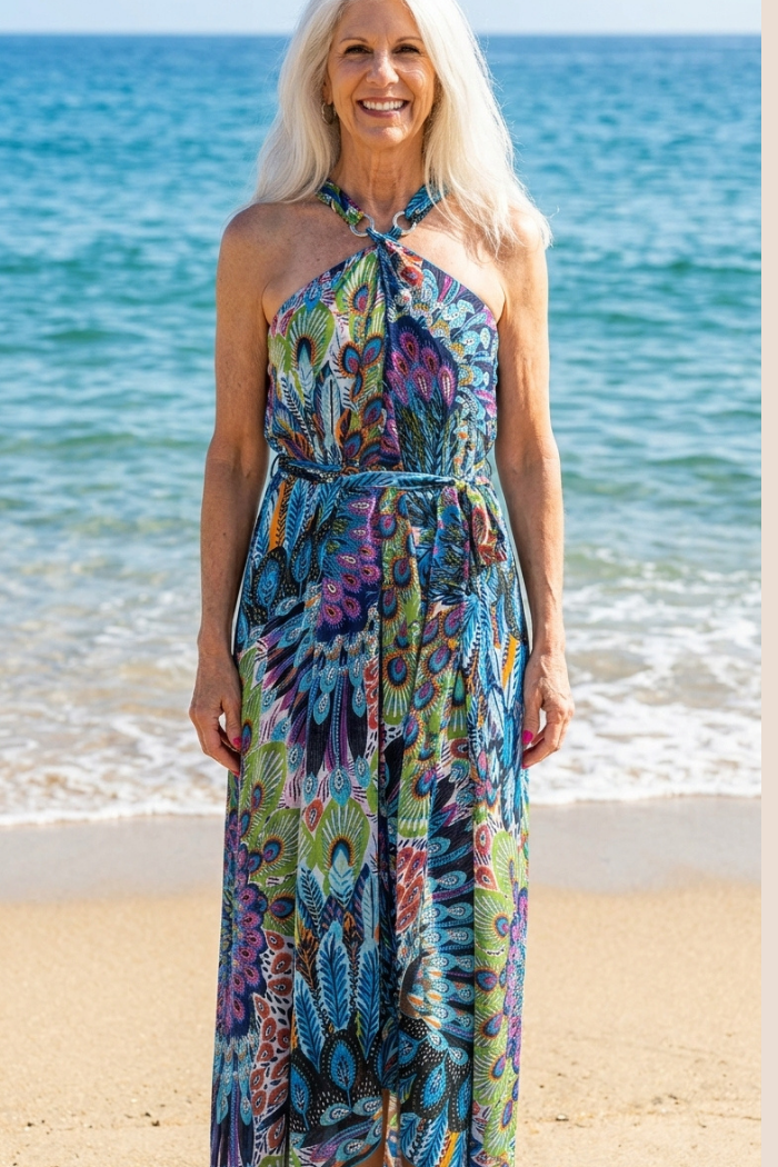 Sheer Halter Coverup/Dress in Blue Peacock