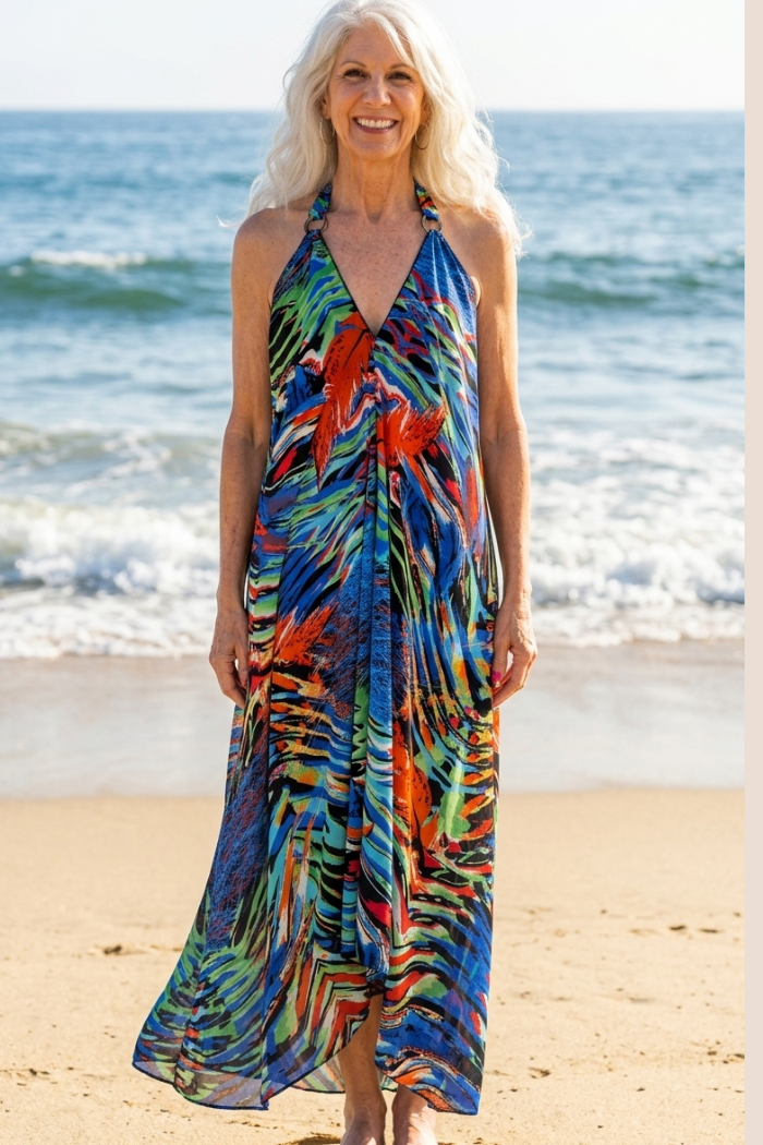 Sheer Halter Style CoverUp/-Dress in Orange Abstract Print